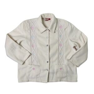 Tudor Court Fleece Jacket Knit Floral Accent Oversized Grandma Coat Cream Sz XL